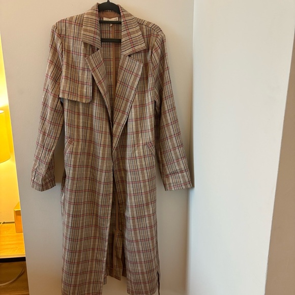 Anthropologie Plaid Belted Lightweight Summer Trench Coat Size M Neutral Motif - Picture 7 of 15